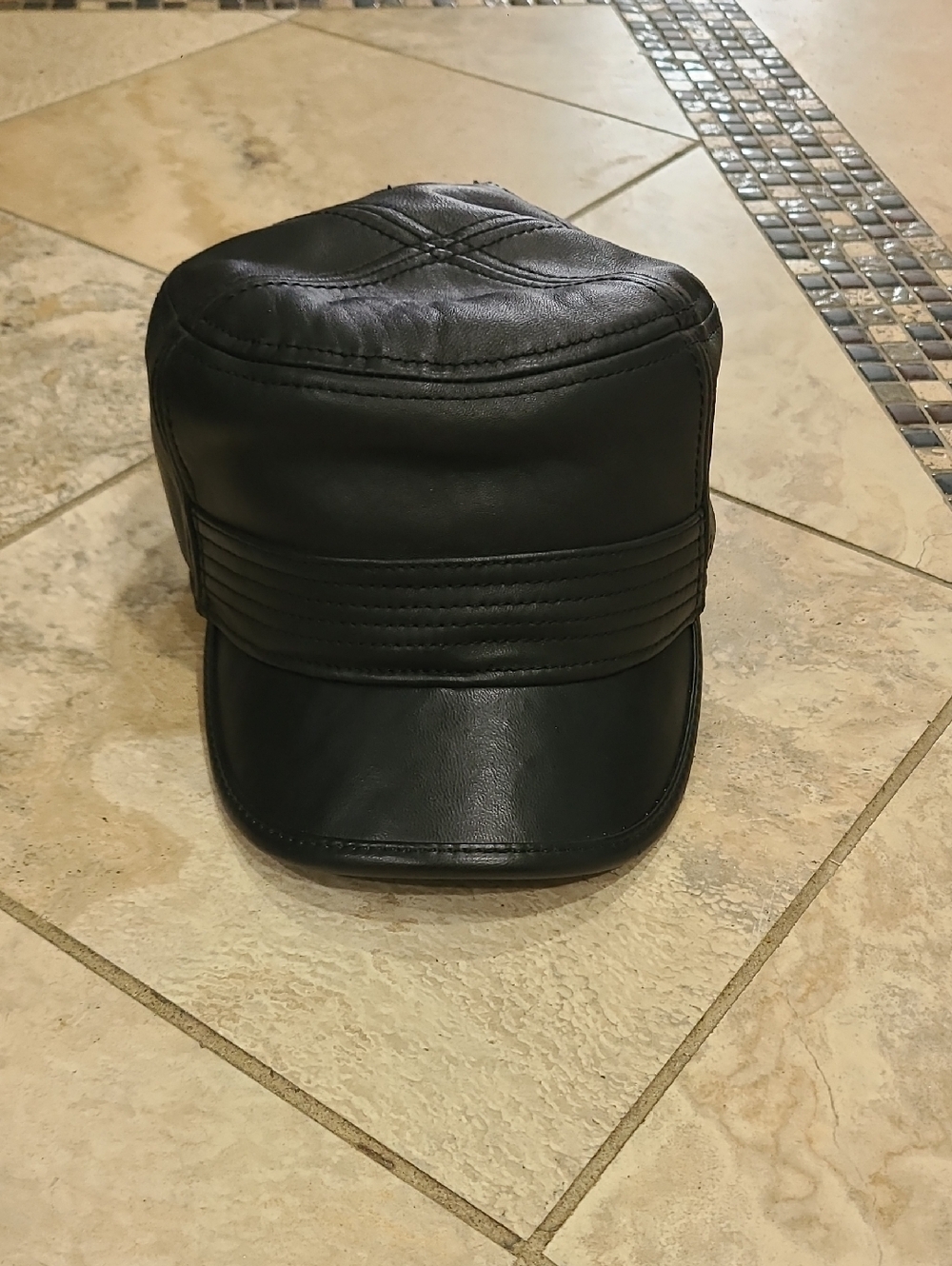 Men's Black Faux Leather Cadet Cap - Picture 2 of 7